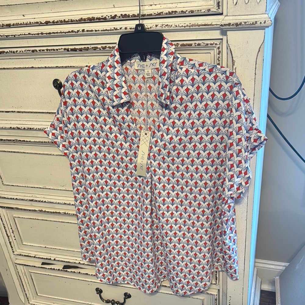 She + Sky Geometric Blouse - Red, Blue, White